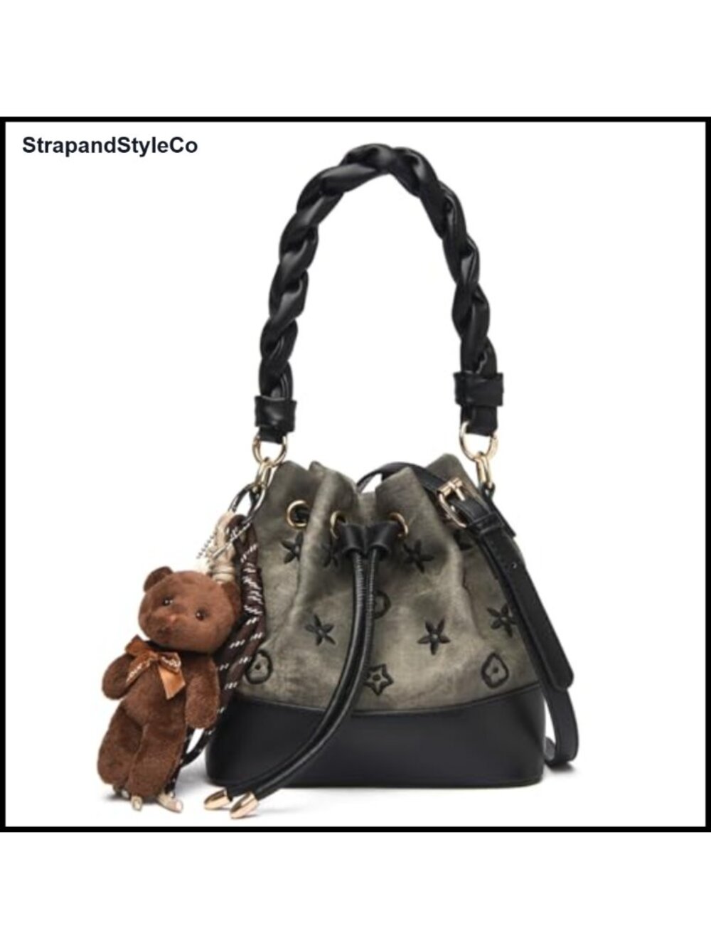 Embroidered Floral Bucket Bag PU Leather Crossbody Satchel